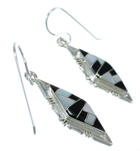 Jet And Mother Of Pearl Southwestern Sterling Silver Hook Dangle Earrings WX63393